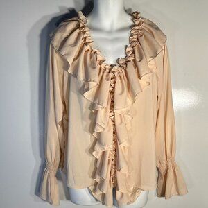Blush Pink SZ L Silky Ruffled Blouse Cottage Dressy Fairy Coquette Boho Chic